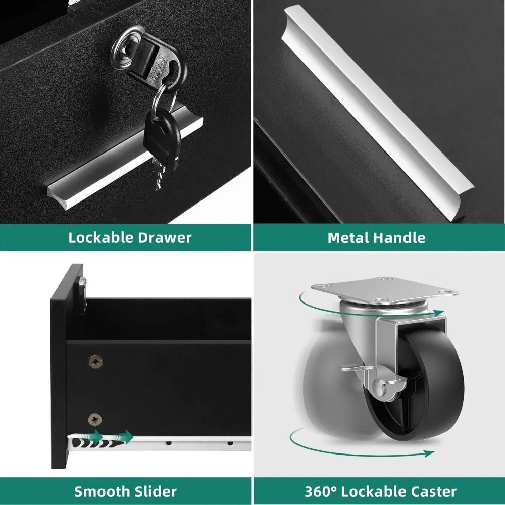 Features: locking drawer, metal handle, smooth slider, 360° caster
